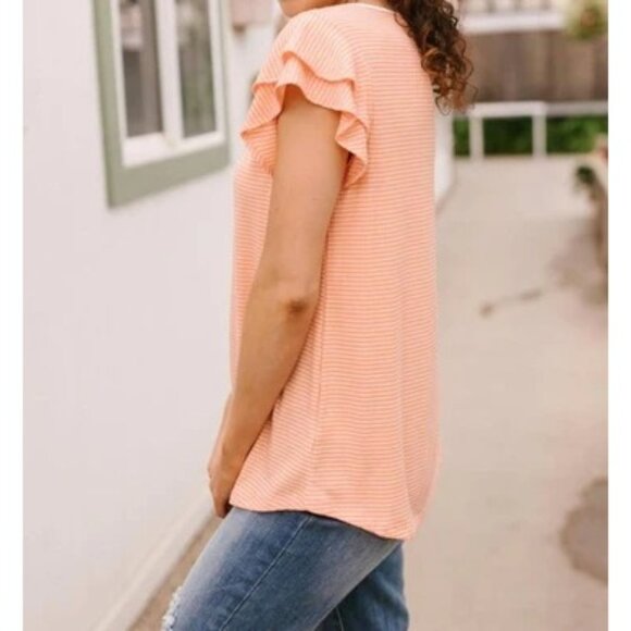 Hailey & Co. Out of Town Ribbed Stripe Flutter Slv Criss Cross V-Neck Top, NWOT - Picture 2 of 6